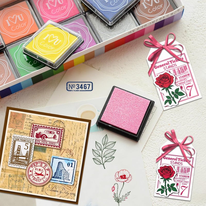 twinklemon 32PCS Clear Stamps for Card Making Includes 6 Sheets Vintage Silicone Stamps 20 Craft Ink Pad 6 Acrylic Stamp Block Background Stamp for Crafting DIY Scrapbooking Journal - Image 5